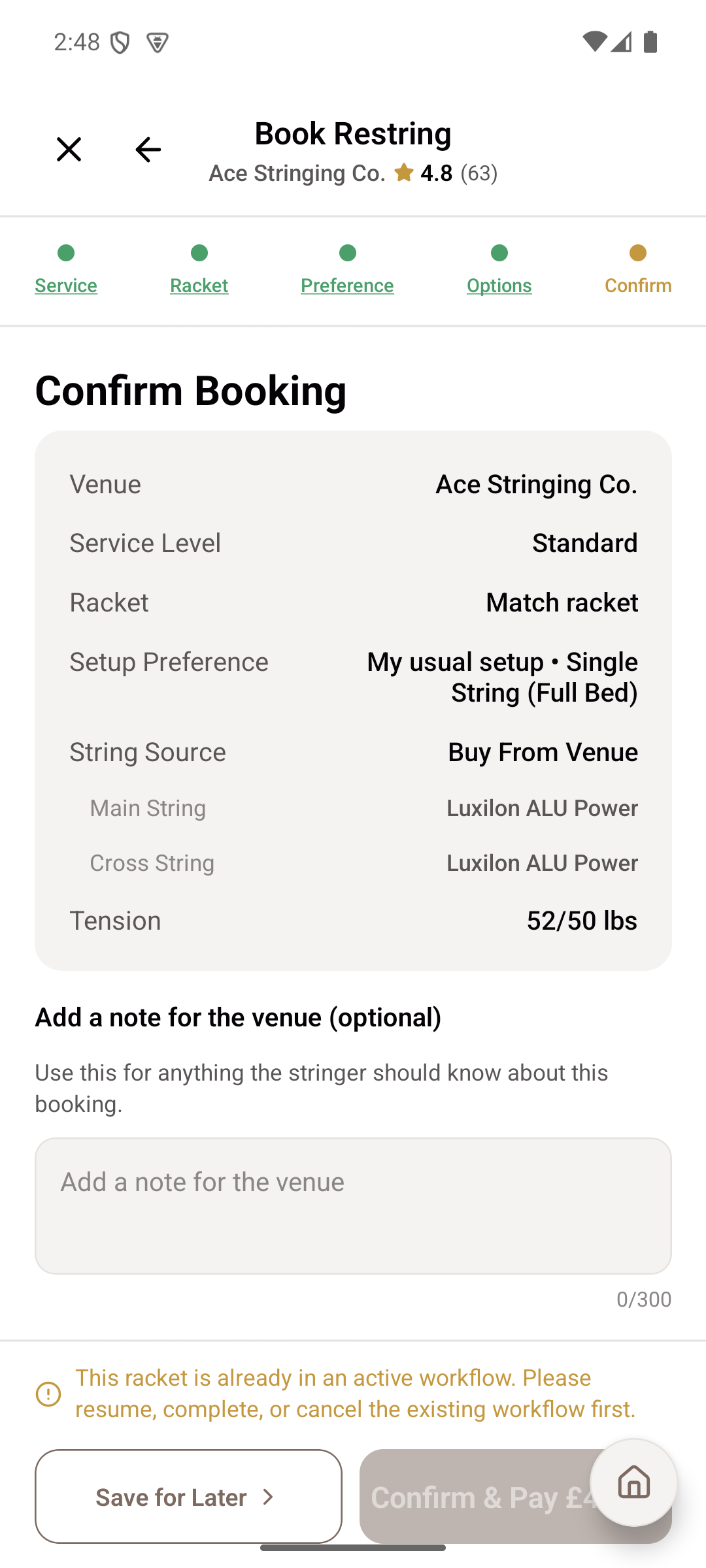 Book a Restring — Reviewing and confirming a booking