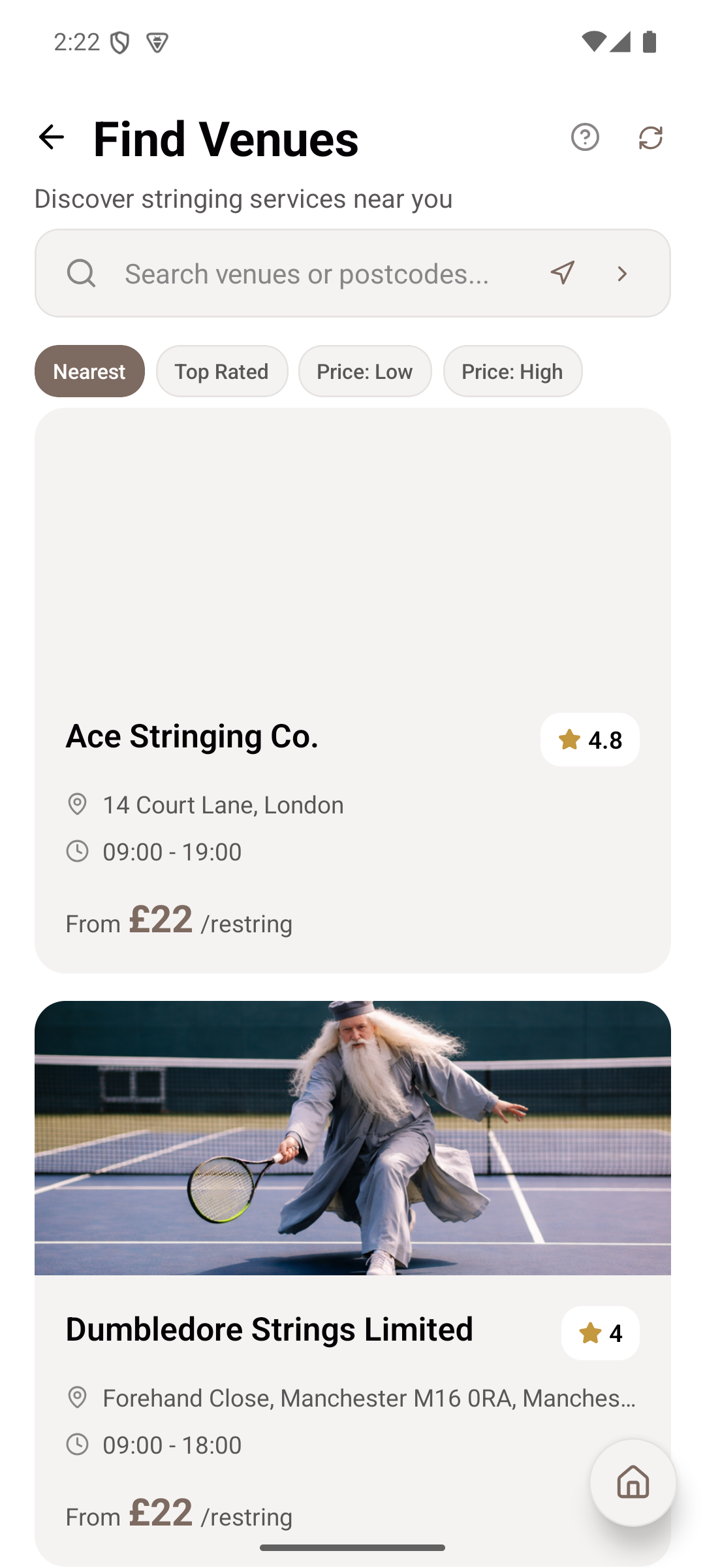 Find Venues — Browsing venues by name or postcode