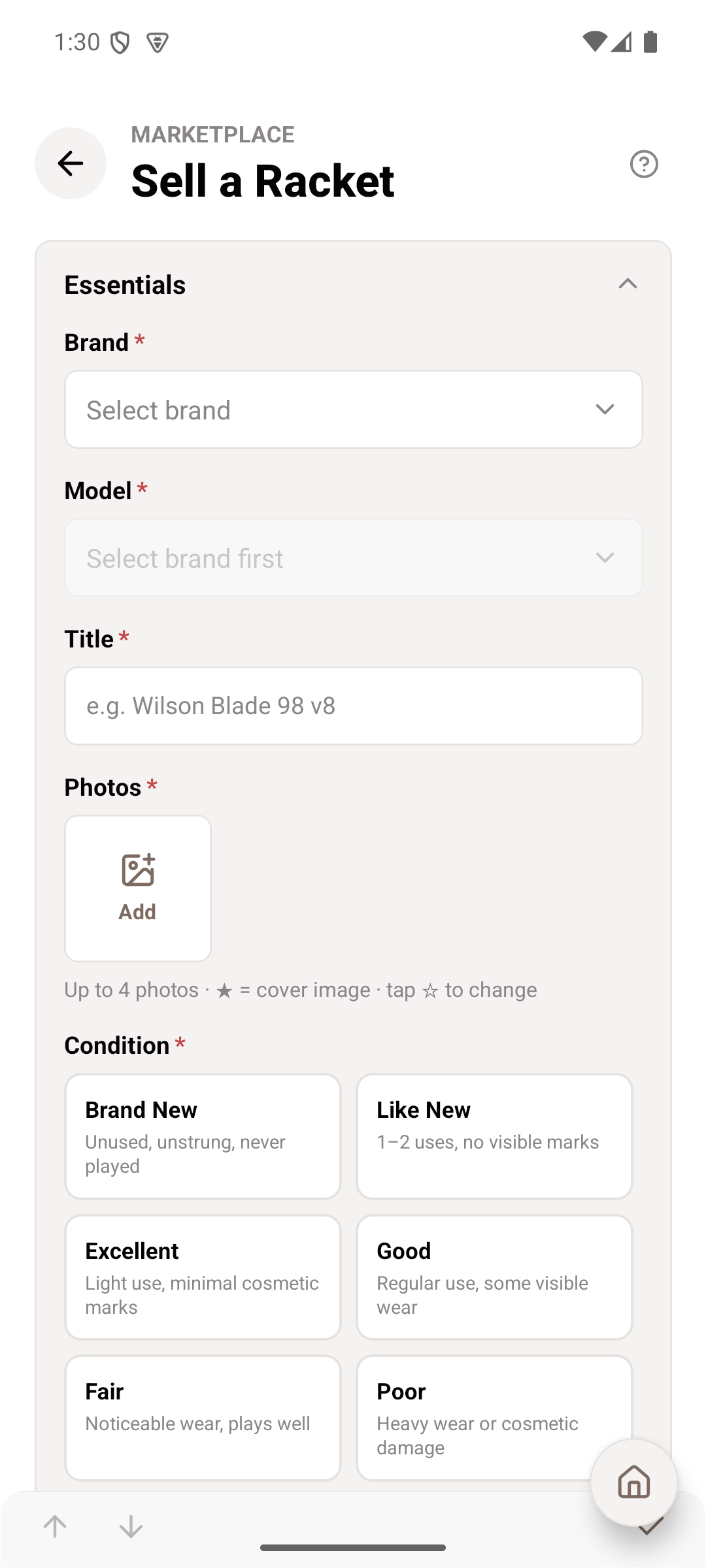 Marketplace — Listing a racket for sale